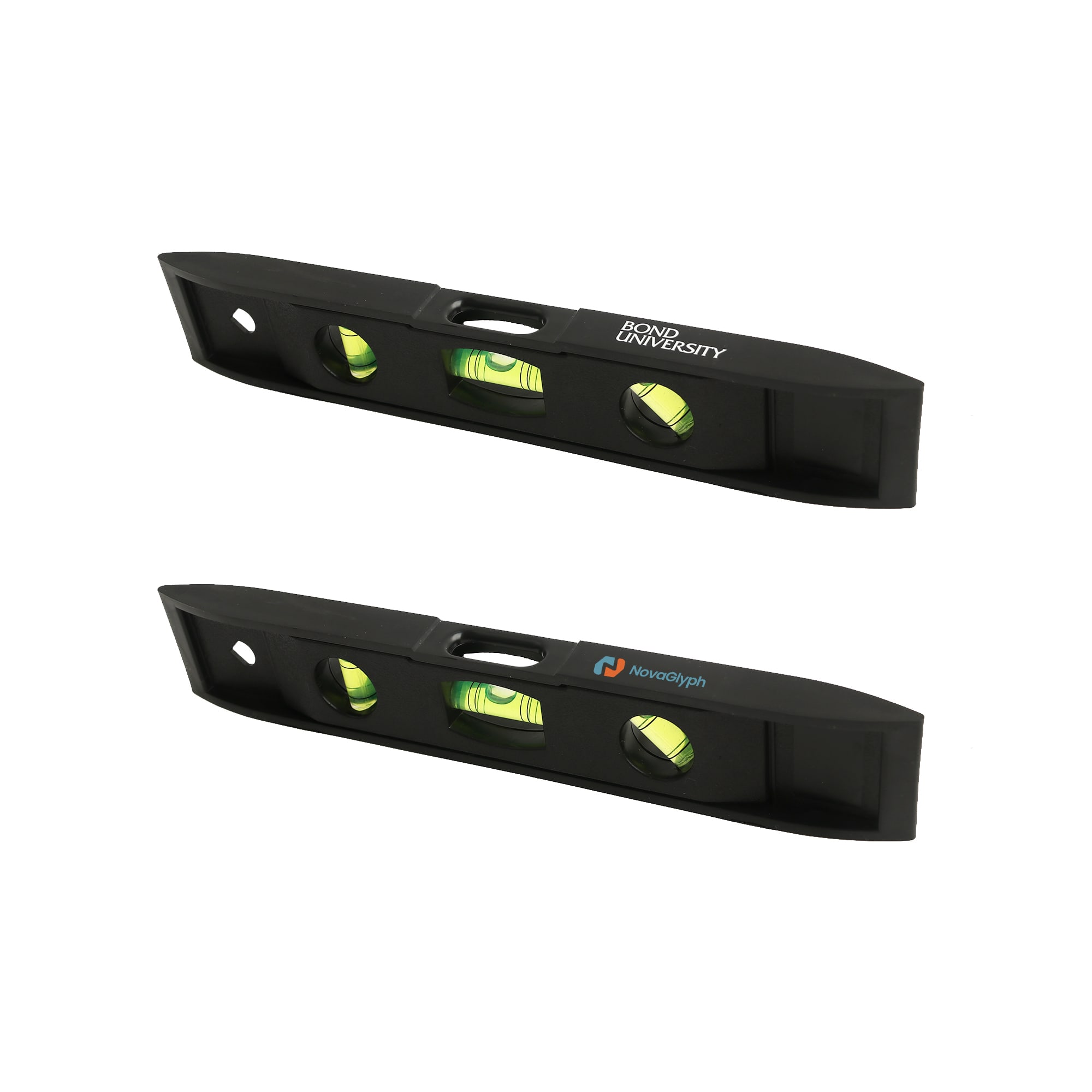 A black magnetic torpedo level featuring two spirit vials and logos on either side. Magnetic Torpedo Level - Image 1