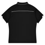 A black polo shirt with white detailing, designed for kids' sports uniforms, featuring a logo.