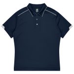A navy sports polo featuring a collar, buttons, and grey accents on the sleeves. It has a logo on the chest.