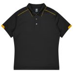 A black polo shirt featuring yellow accents and a collar, suitable for sports uniforms. It includes a logo.