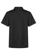 A black short-sleeved polo shirt featuring a collar and a logo on the side. Suitable for sports uniforms.