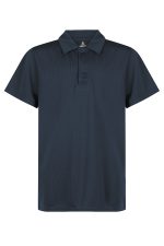 A navy blue polo shirt with a collared neckline and three buttons. Features branding on the collar.
