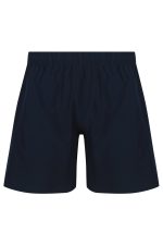 Navy blue men's sports shorts with an elastic waistband and logo branding. Ideal for school uniforms.