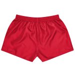 A pair of red rugby kids shorts with an elastic waistband and a smooth, shiny finish.
