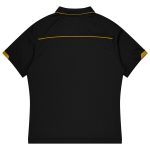 A black polo shirt featuring a yellow accent at the collar and sleeves, with a logo on the back.