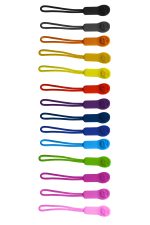 A variety of zip pullers in multiple colours, displayed in a vertical line, with a logo on some.