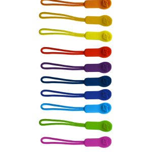A variety of zip pullers in multiple colours, displayed in a vertical line, with a logo on some.