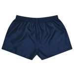 Navy blue rugby shorts with an elastic waistband and a smooth fabric finish, featuring a logo on the waistband.