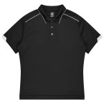 A black sports polo shirt with a collar, featuring white accents and a logo on the left sleeve.