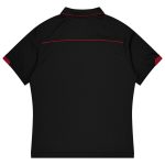 A black polo shirt with red accents and a logo on the back, designed for sports uniforms.