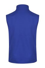 A blue men's work vest featuring a high collar and no sleeves, with a branded logo on the back.