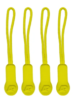 Bright yellow ZIP PULLERS ACCESSORIES arranged in a row, featuring a logo on each puller.