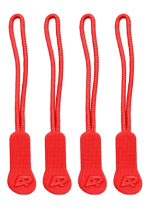 Four red zip pullers with a textured grip and a logo on each. Suitable for various clothing accessories.