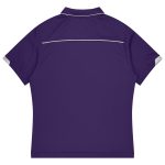 A purple sports polo shirt with contrasting trim on the collar and sleeve edges, featuring a logo.