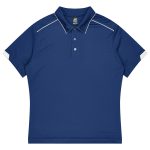 A navy blue polo shirt with a collared neck and contrasting white detailing on the sleeves. It features a logo.