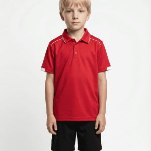 A red polo shirt with contrasting details, designed for kids, displayed on a young child wearing black shorts.