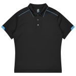 A black polo shirt with blue accents, featuring a collar and buttons, designed for sports uniforms.