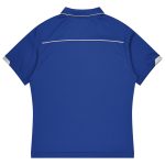 A blue polo shirt with short sleeves and a contrasting trim, featuring a logo on the back.