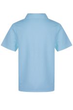 A light blue children's polo shirt with a collar, featuring a logo on the back.