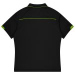 A black sports polo shirt featuring green accents and a logo on the collar.