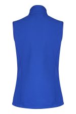 A blue women's vest featuring a high collar and a fitted design, with a branding logo on the back.