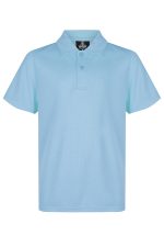 A light blue polo shirt featuring a collar and a button placket, with a logo on the upper side.