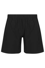 Black sports shorts with an elastic waistband and a logo. Suitable for kids' activewear.