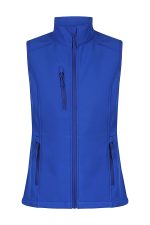 A blue work vest with a high collar and multiple zippered pockets, featuring a logo.