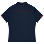 A navy blue polo shirt with red accents and a logo, designed as sports uniform apparel.