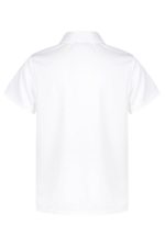 A white polo shirt with a collar and short sleeves, featuring a logo on the back.