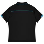 A black polo shirt with blue accents and a logo at the back, designed for kids' sports uniforms.