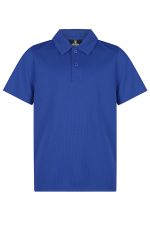 A blue polo shirt with a buttoned collar and short sleeves. It features a logo on the collar.