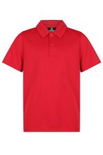 A red polo shirt featuring a collar, button placket, and a logo on the chest. Suitable for kids' sports uniforms.