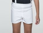 White rugby shorts designed for kids, featuring an elastic waistband and a simple style.