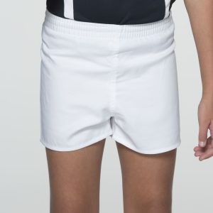 White rugby shorts designed for kids, featuring an elastic waistband and a simple style.