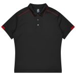 A black polo shirt with red accents, featuring a collar and buttons. It includes a logo on the chest area.