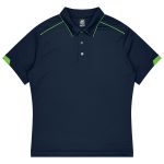 A navy polo shirt with green accents, featuring a classic collar and three buttons. It has a logo on the upper left side.
