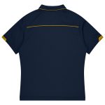 A navy polo shirt with yellow accents and a logo, featuring a classic collar and short sleeves.