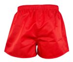 Bright red rugby shorts with an elasticised waistband and a plain back, featuring a logo.