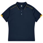 A navy blue polo shirt featuring yellow accents, with a collar and buttons, suitable for sports uniforms.