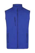 A blue work vest featuring three zippered pockets and a high collar, with a logo on the front.