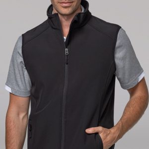 A man wearing a black work vest with a grey short-sleeve shirt, featuring a zip front and side pockets.