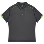A dark grey polo shirt featuring green accents and a logo on the collar.