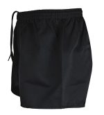 Black rugby shorts featuring an elastic waistband and drawstring, suitable for sports uniforms.