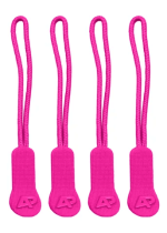 Four pink zip puller accessories made of fabric, each with a textured grip and a small logo on the tab.