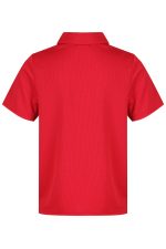 A red polo shirt with a collar and short sleeves. Features a branded logo.