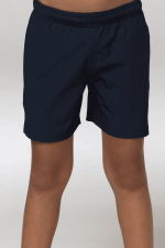 Navy sports shorts for kids featuring an elastic waistband and a simple design. Includes a logo.