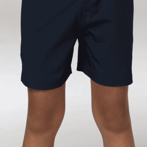 Navy sports shorts for kids featuring an elastic waistband and a simple design. Includes a logo.
