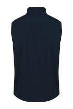 A dark navy work vest with a high collar and no sleeves, featuring branding on the back.