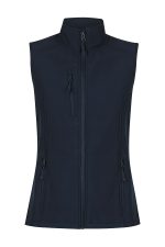 A navy vest with a high collar and multiple zippered pockets, featuring a logo. Ideal for workwear.